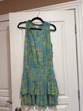 Current Air Los Angeles Blue Green Floral Tiered Mini Dress Size L